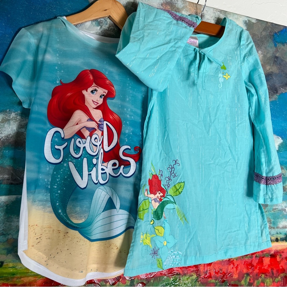 Disney Princess The Little Mermaid Teal and Red Shirt S7/8 & Beach Cover Up S6